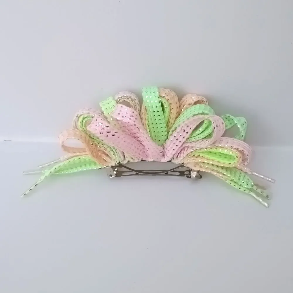 Vintage Shoelace French Hair Barrette-Lot Of 2-Metallic Thread-Purple-Pastel-80s